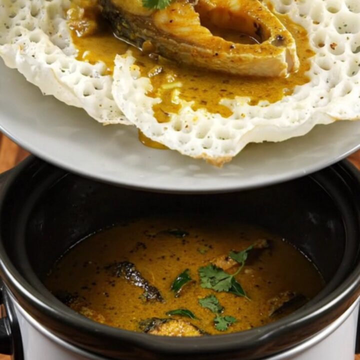 A close-up of Kerala Fish Molee with golden coconut sauce and kingfish in a Crockpot.