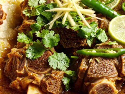 A close-up of a bronze ceramic bowl filled with steaming Pakistani Beef Nihari, topped with fresh ginger and cilantro.
