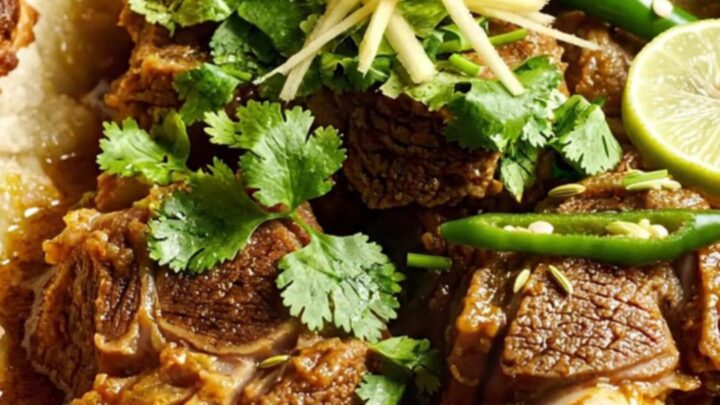 A close-up of a bronze ceramic bowl filled with steaming Pakistani Beef Nihari, topped with fresh ginger and cilantro.