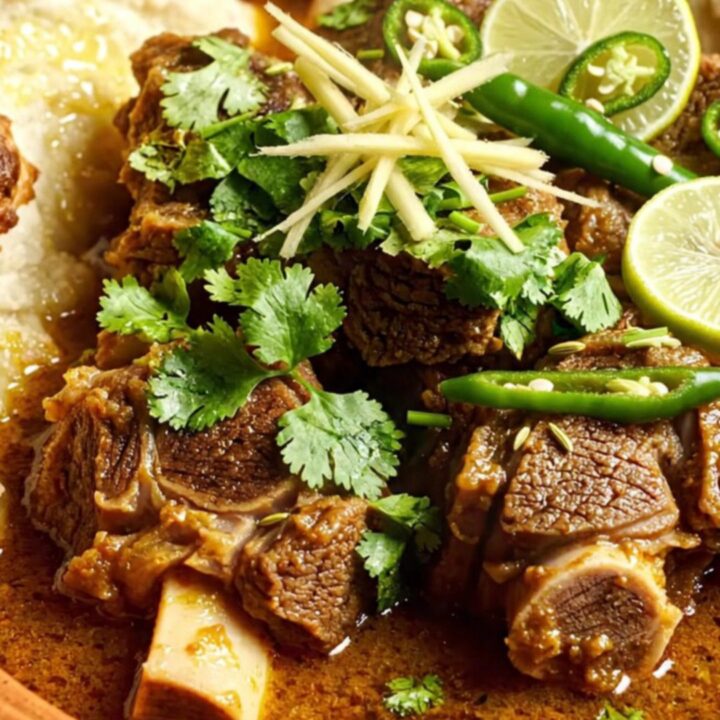A close-up of a bronze ceramic bowl filled with steaming Pakistani Beef Nihari, topped with fresh ginger and cilantro.
