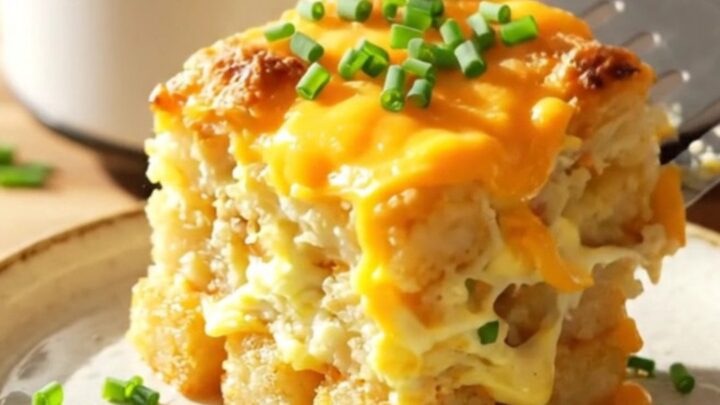 A warm, cheesy breakfast casserole in a white slow cooker, topped with crispy bacon and chives.