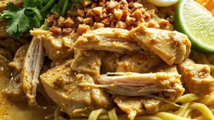 A steaming bowl of golden Burmese coconut chicken curry with egg noodles and fresh herbs.