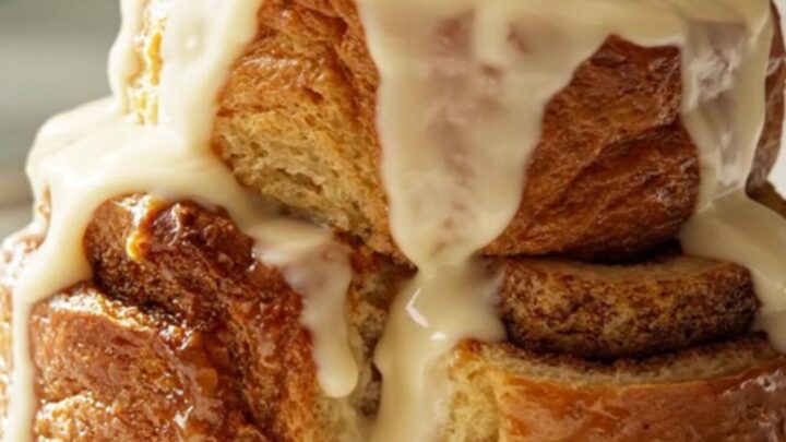 A warm, golden-brown cinnamon roll French toast casserole inside a ceramic Crockpot, topped with pecans.