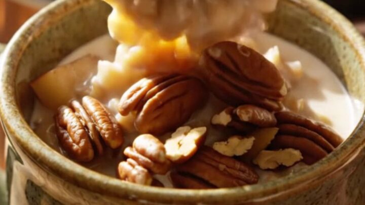 Creamy apple pie steel-cut oats in a ceramic bowl topped with candied pecans.