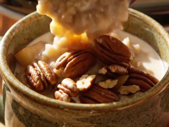 Creamy apple pie steel-cut oats in a ceramic bowl topped with candied pecans.