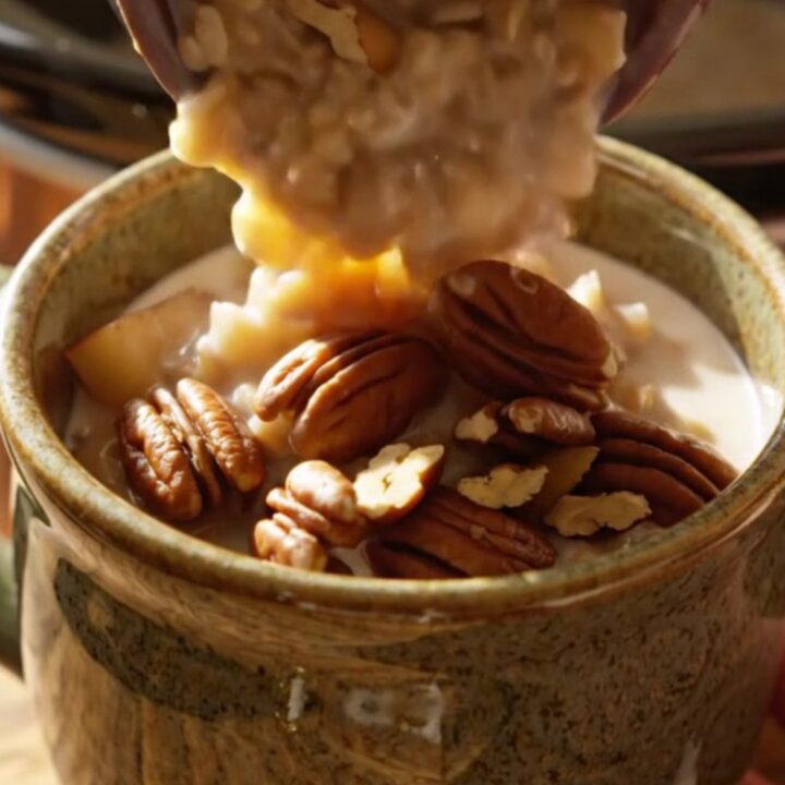 Creamy apple pie steel-cut oats in a ceramic bowl topped with candied pecans.