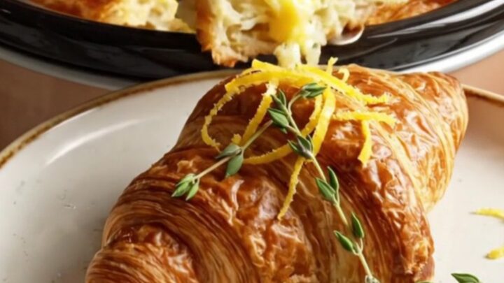 A golden-brown croissant breakfast strata in a ceramic slow cooker, topped with fresh thyme and lemon zest.