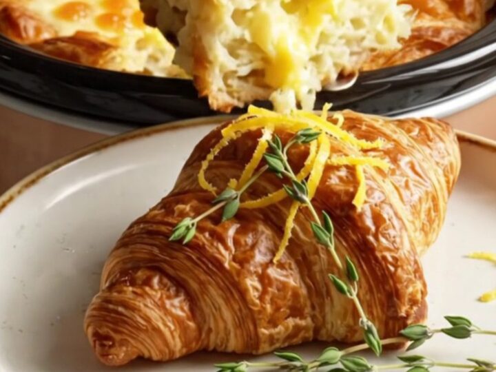 A golden-brown croissant breakfast strata in a ceramic slow cooker, topped with fresh thyme and lemon zest.