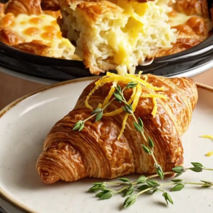 A golden-brown croissant breakfast strata in a ceramic slow cooker, topped with fresh thyme and lemon zest.