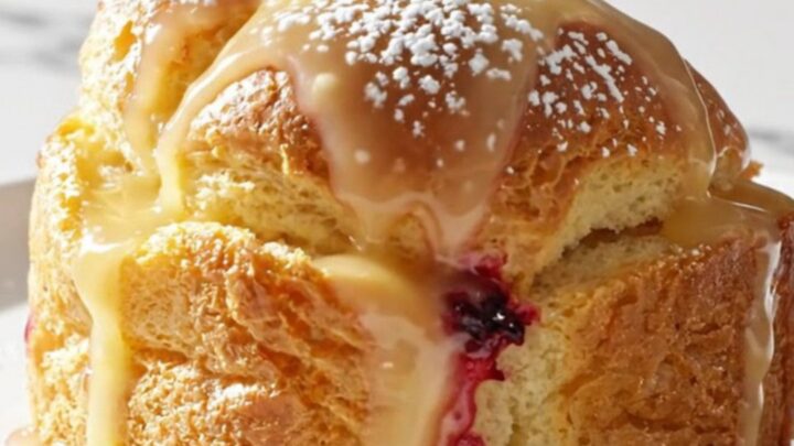 A close-up view of the golden lemon blueberry brioche bread pudding inside a French-blue ceramic slow cooker.