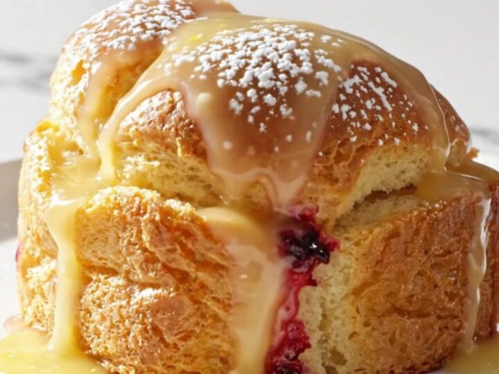 A close-up view of the golden lemon blueberry brioche bread pudding inside a French-blue ceramic slow cooker.