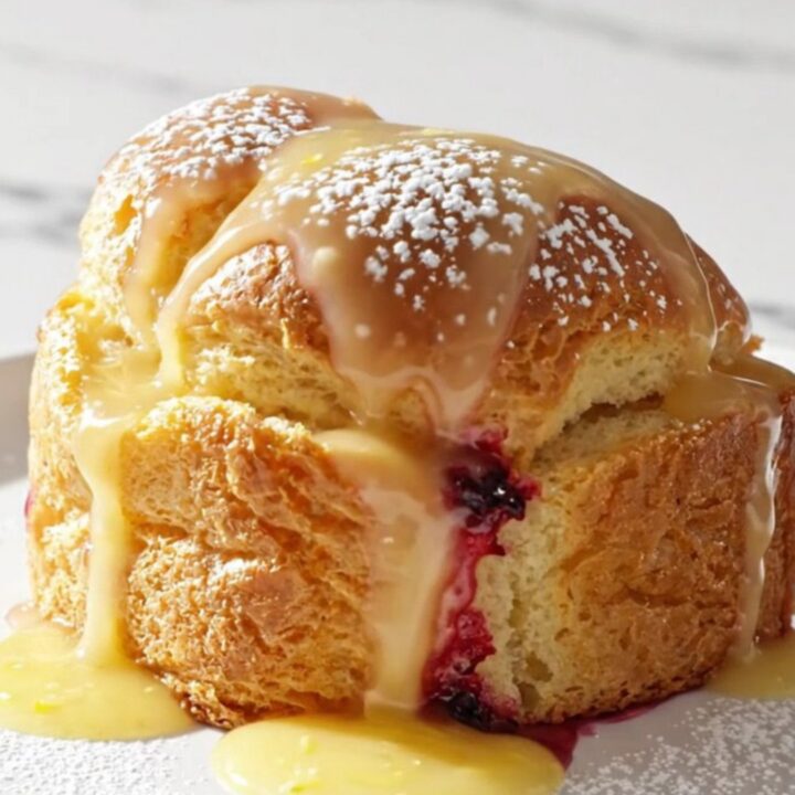 A close-up view of the golden lemon blueberry brioche bread pudding inside a French-blue ceramic slow cooker.