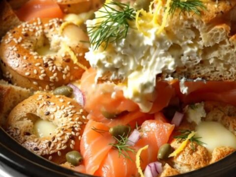A close-up of a golden-brown everything bagel strata in a black crockpot, garnished with fresh dill and lemon zest.