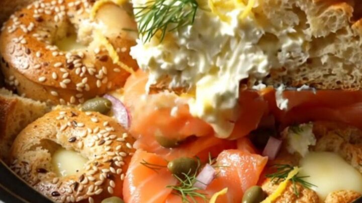 A close-up of a golden-brown everything bagel strata in a black crockpot, garnished with fresh dill and lemon zest.