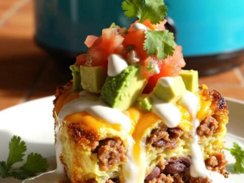 A close-up of a loaded breakfast bake in a turquoise crockpot with chorizo, black beans, and melted cheese.