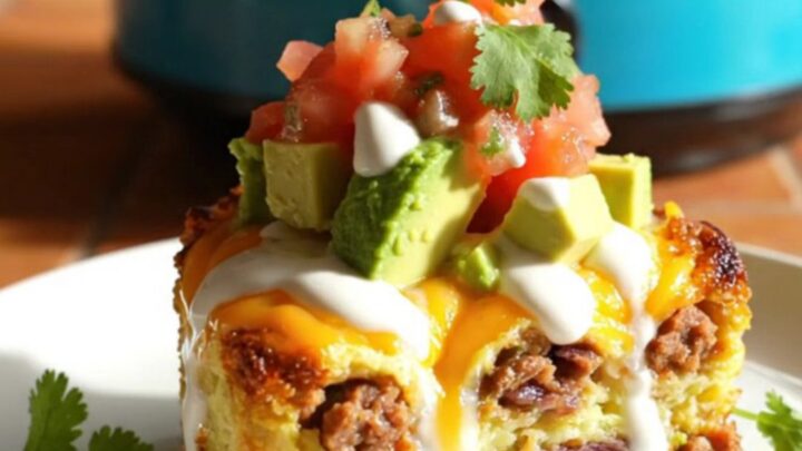 A close-up of a loaded breakfast bake in a turquoise crockpot with chorizo, black beans, and melted cheese.