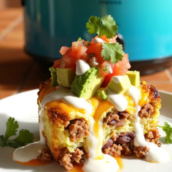 A close-up of a loaded breakfast bake in a turquoise crockpot with chorizo, black beans, and melted cheese.