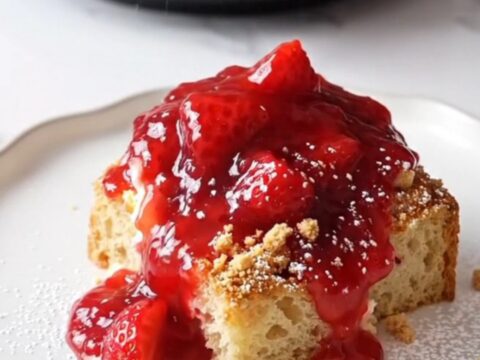 A warm, golden-brown strawberry cheesecake French toast casserole served in a pink ceramic slow cooker on a marble surface.