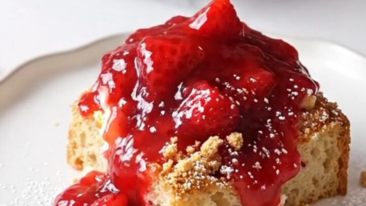 A warm, golden-brown strawberry cheesecake French toast casserole served in a pink ceramic slow cooker on a marble surface.