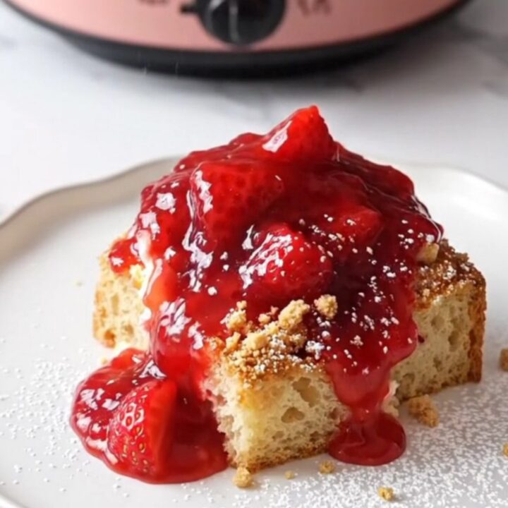 A warm, golden-brown strawberry cheesecake French toast casserole served in a pink ceramic slow cooker on a marble surface.