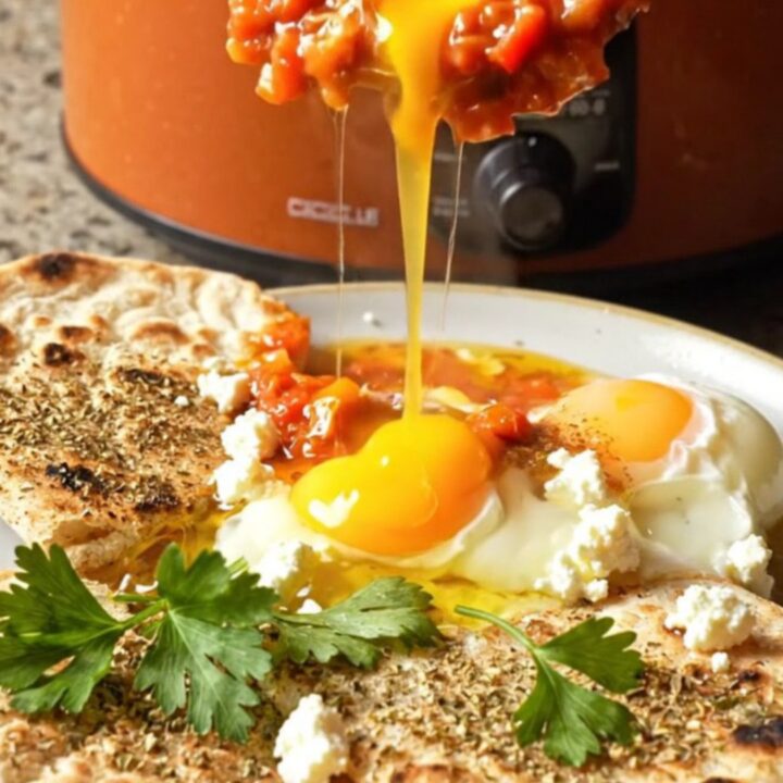 A rustic terracotta crockpot filled with vibrant red shakshuka and perfectly poached eggs.