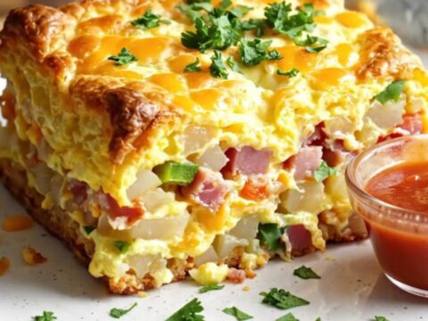 A close-up of a loaded Denver omelet hashbrown bake in a ceramic slow cooker with visible ham, peppers, and melted cheese.