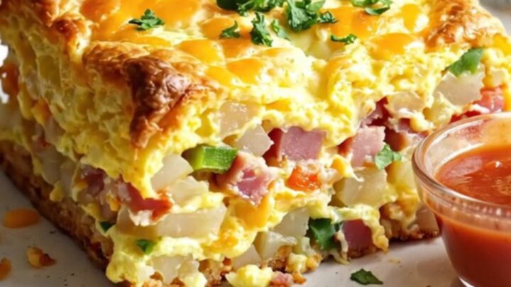 A close-up of a loaded Denver omelet hashbrown bake in a ceramic slow cooker with visible ham, peppers, and melted cheese.