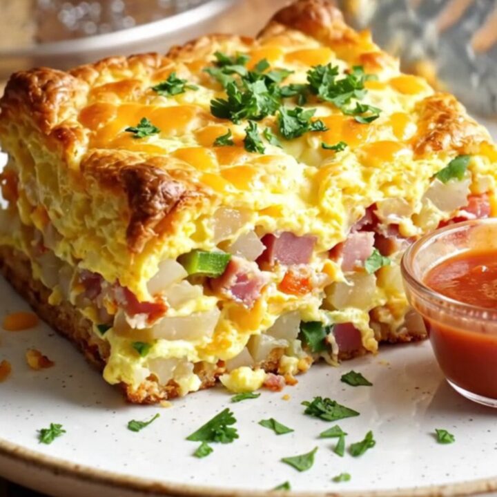 A close-up of a loaded Denver omelet hashbrown bake in a ceramic slow cooker with visible ham, peppers, and melted cheese.
