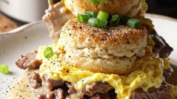 A rustic black slow cooker filled with a golden, bubbling breakfast casserole topped with green onions.