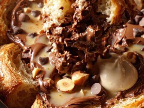 A close-up of a warm Nutella croissant bread pudding in a dark ceramic pot, topped with a quenelle of mascarpone.