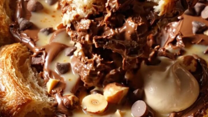 A close-up of a warm Nutella croissant bread pudding in a dark ceramic pot, topped with a quenelle of mascarpone.