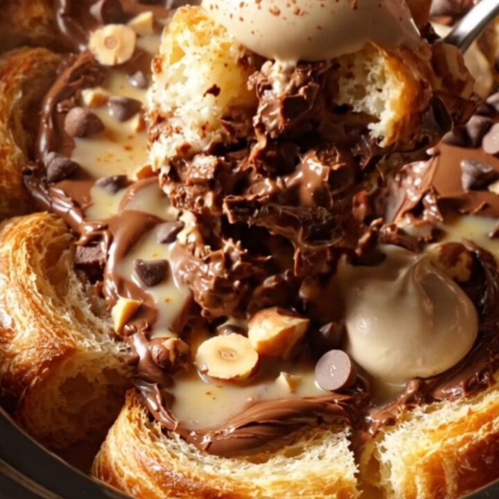 A close-up of a warm Nutella croissant bread pudding in a dark ceramic pot, topped with a quenelle of mascarpone.