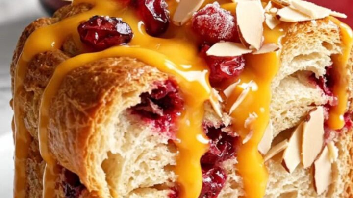 A festive cranberry orange brioche French toast casserole in a red Crockpot, topped with sugared cranberries and almonds.