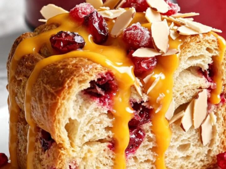 A festive cranberry orange brioche French toast casserole in a red Crockpot, topped with sugared cranberries and almonds.