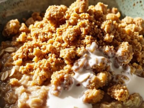A warm bowl of creamy steel-cut oatmeal topped with caramelized peaches and golden cinnamon oat crumble.