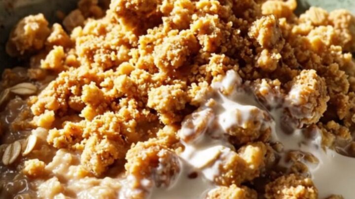 A warm bowl of creamy steel-cut oatmeal topped with caramelized peaches and golden cinnamon oat crumble.