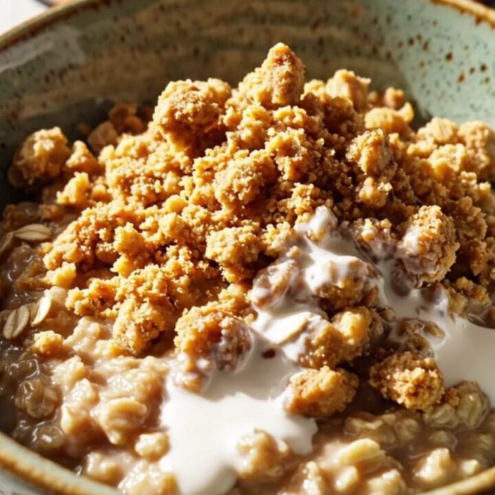 A warm bowl of creamy steel-cut oatmeal topped with caramelized peaches and golden cinnamon oat crumble.