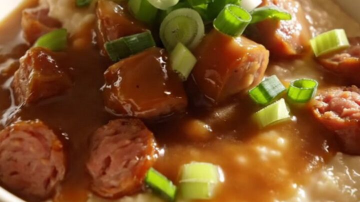 Close up of a ceramic crockpot filled with creamy cheddar grits topped with smoky andouille sausage and gravy.