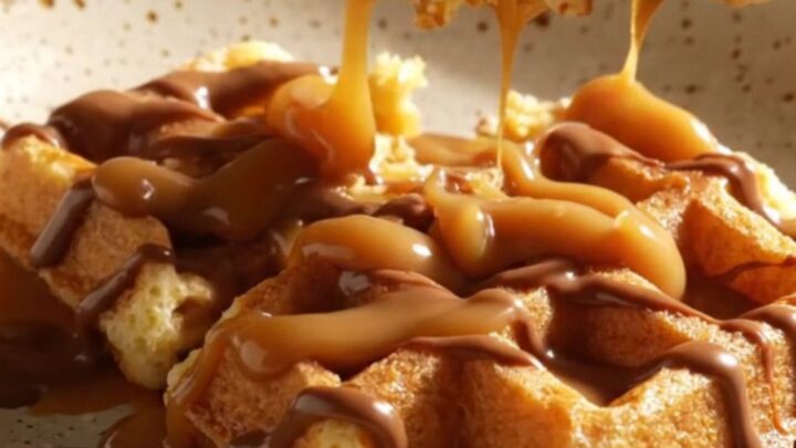 A warm, golden-brown cinnamon sugar waffle casserole in a ceramic crockpot, drizzled with thick dulce de leche.