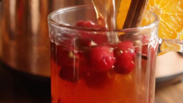 A gleaming copper crockpot filled with steaming mulled cider, garnished with blood orange wheels and cranberries.