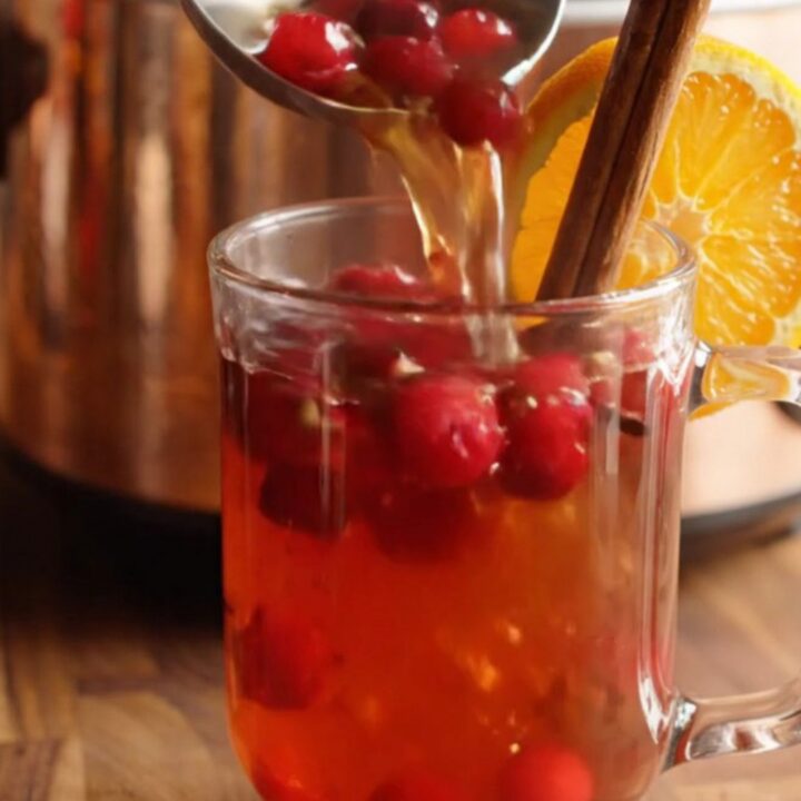 A gleaming copper crockpot filled with steaming mulled cider, garnished with blood orange wheels and cranberries.