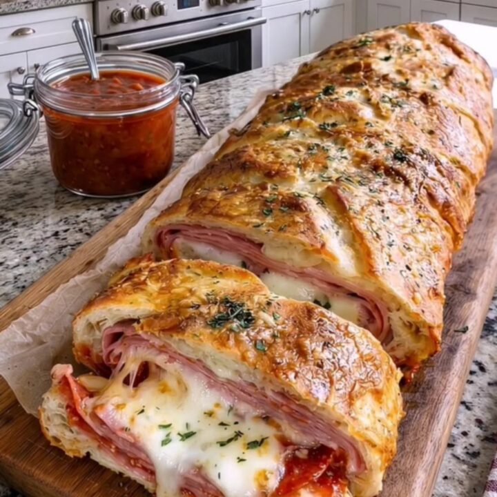 Tranches de stromboli jambon-fromage doré sur une planche en bois, fromage coulant étiré, bol de sauce marinara à côté
