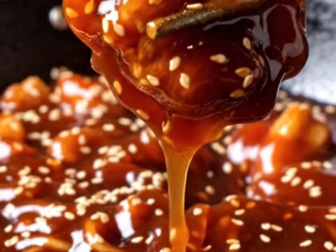 Glossy sweet-and-sour sesame chicken chunks over a golden crispy-bottom chow mein noodle cake with toasted sesame seeds