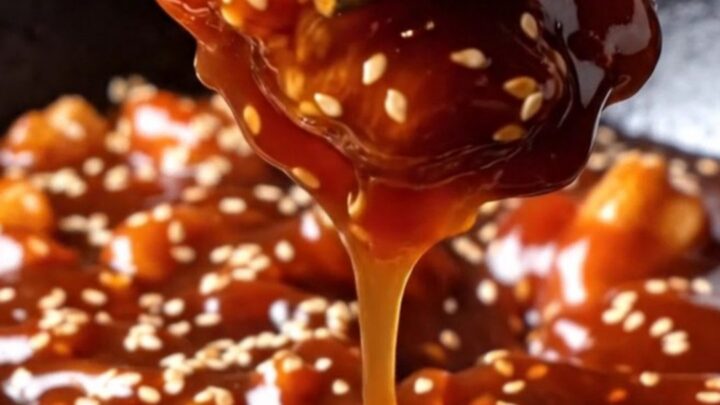 Glossy sweet-and-sour sesame chicken chunks over a golden crispy-bottom chow mein noodle cake with toasted sesame seeds