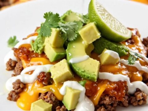 Slow-cooker taco beef casserole with a bubbling golden cheddar cap and crushed tortilla chips, lid lifted, steam rising