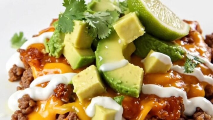 Slow-cooker taco beef casserole with a bubbling golden cheddar cap and crushed tortilla chips, lid lifted, steam rising