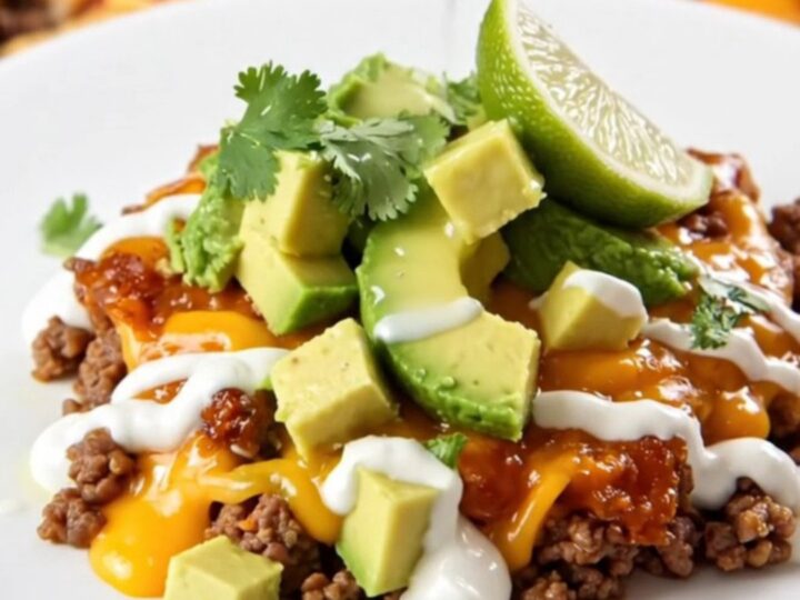 Slow-cooker taco beef casserole with a bubbling golden cheddar cap and crushed tortilla chips, lid lifted, steam rising