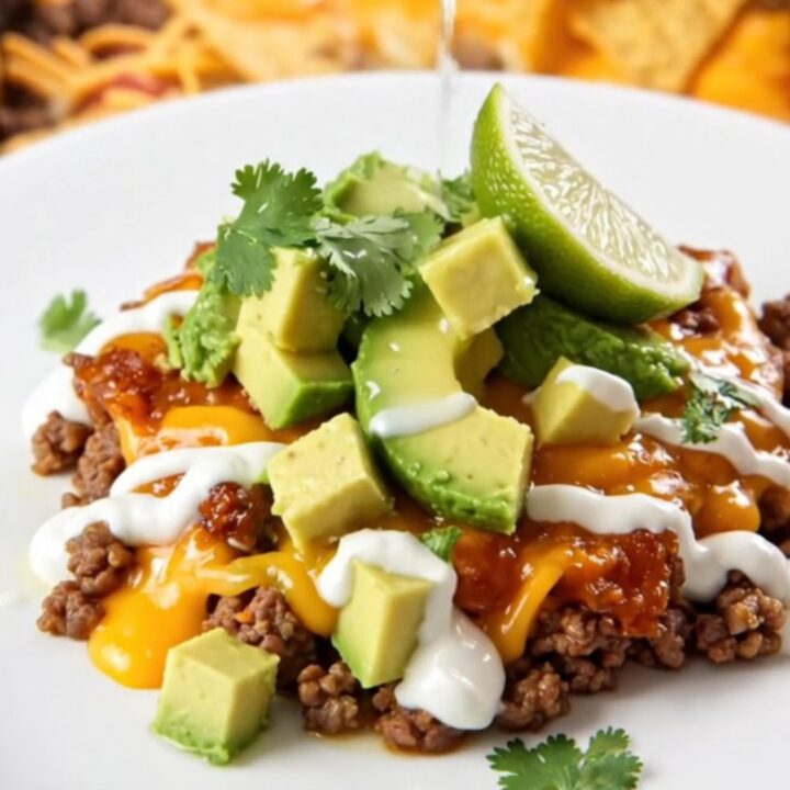 Slow-cooker taco beef casserole with a bubbling golden cheddar cap and crushed tortilla chips, lid lifted, steam rising