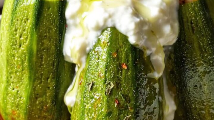 Stuffed round zucchini in a Dutch oven with garlic tomato sauce, topped with yogurt and red pepper oil