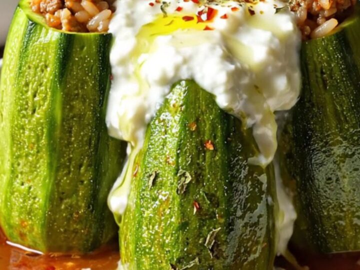 Stuffed round zucchini in a Dutch oven with garlic tomato sauce, topped with yogurt and red pepper oil